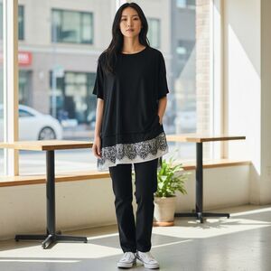 Rose + Olive Tunic Top Black With White  3/4 Sleeve Plus Size 3X